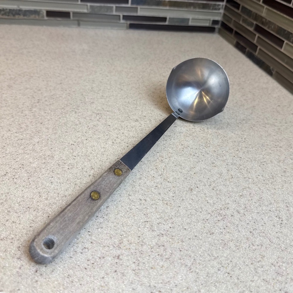 Vintage Stainless Steel Soup Ladle Unbranded Wood Handle Dual Pour Spout Utensil